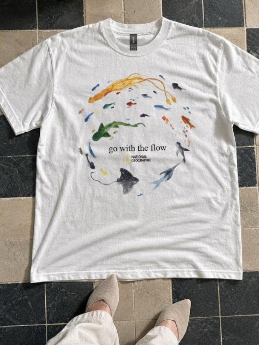 National Geographic White Tee with Colorful Fish Circle Graphic T Shirt
